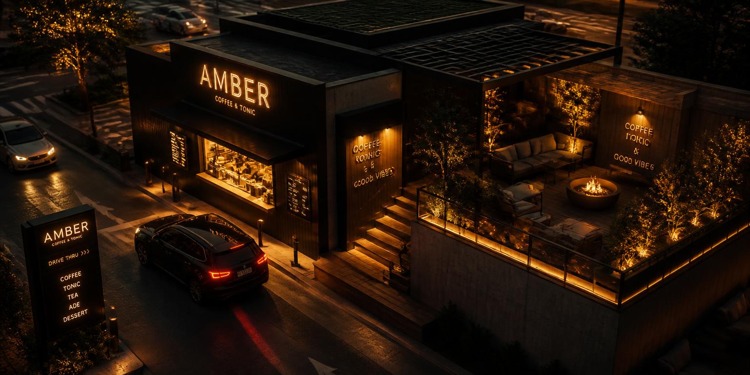 An El Cielo drive-through kiosk and lounge terrace glowing amber at dusk